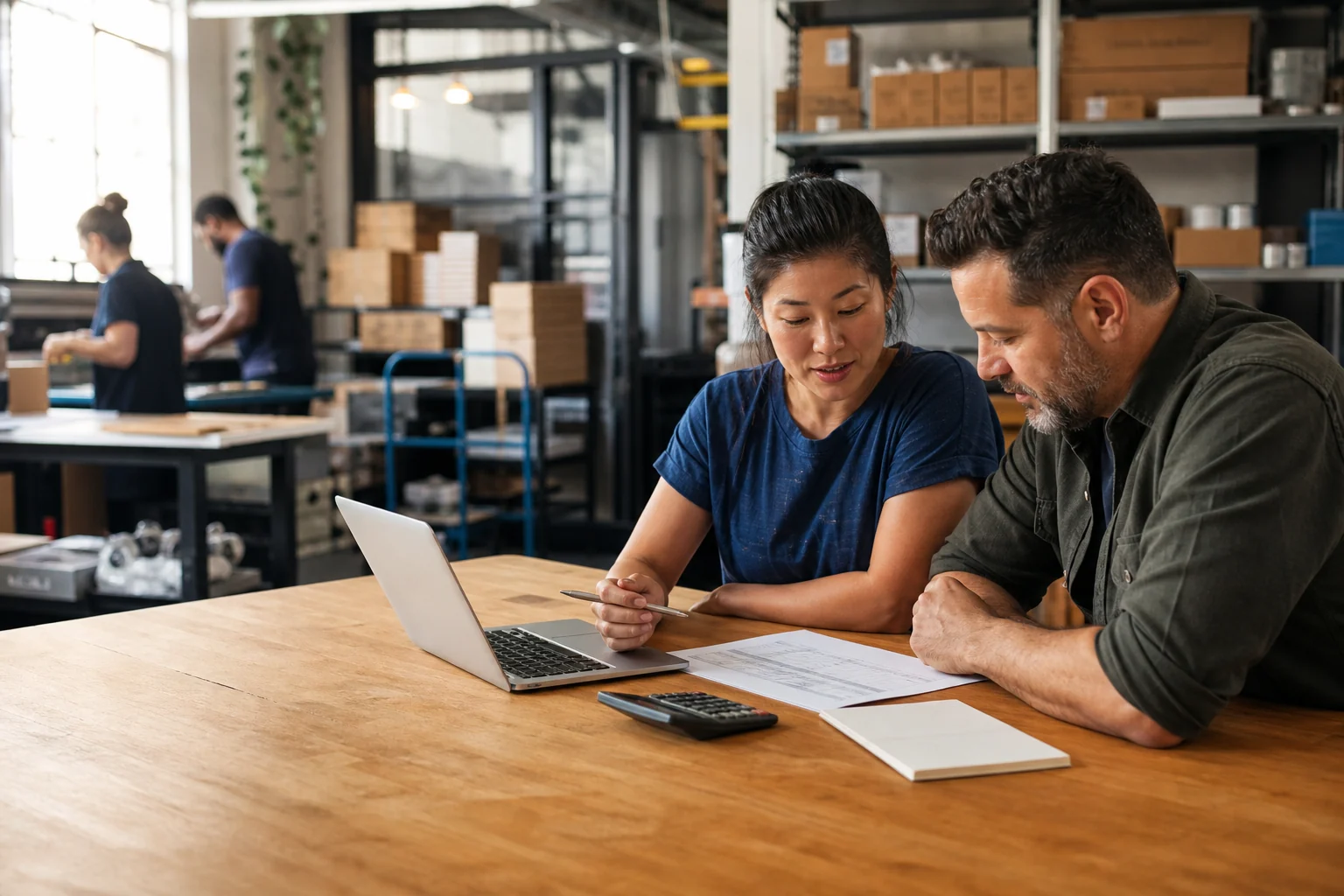 Small-business owner and financial specialist reviewing cash flow inside the business