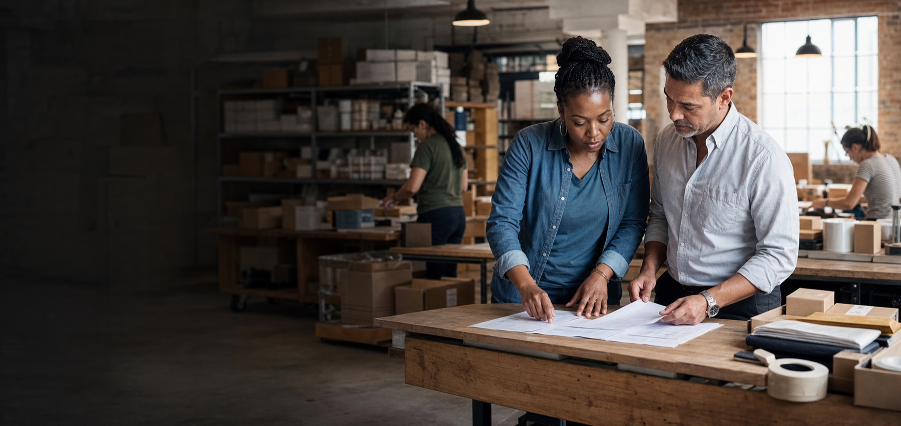 Business owner and advisor reviewing a financial plan inside an active fulfillment business