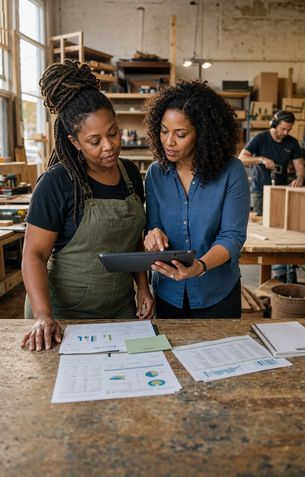 Business owner reviewing cash-flow charts and payroll plans