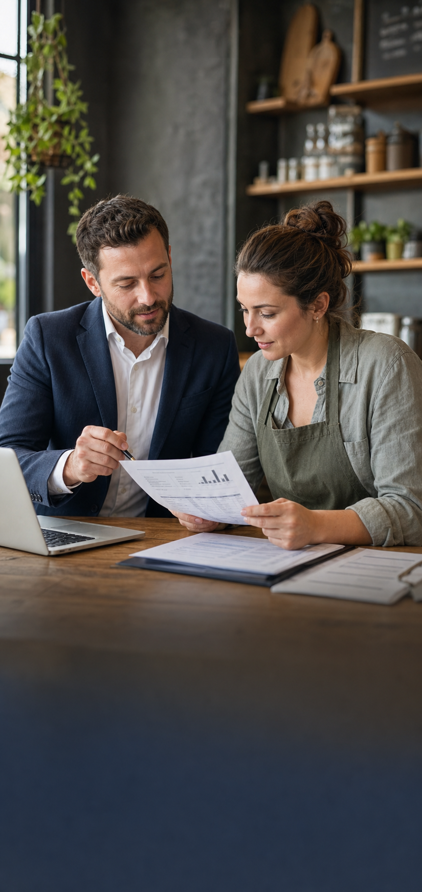 Small-business owner reviewing cash flow with an advisor