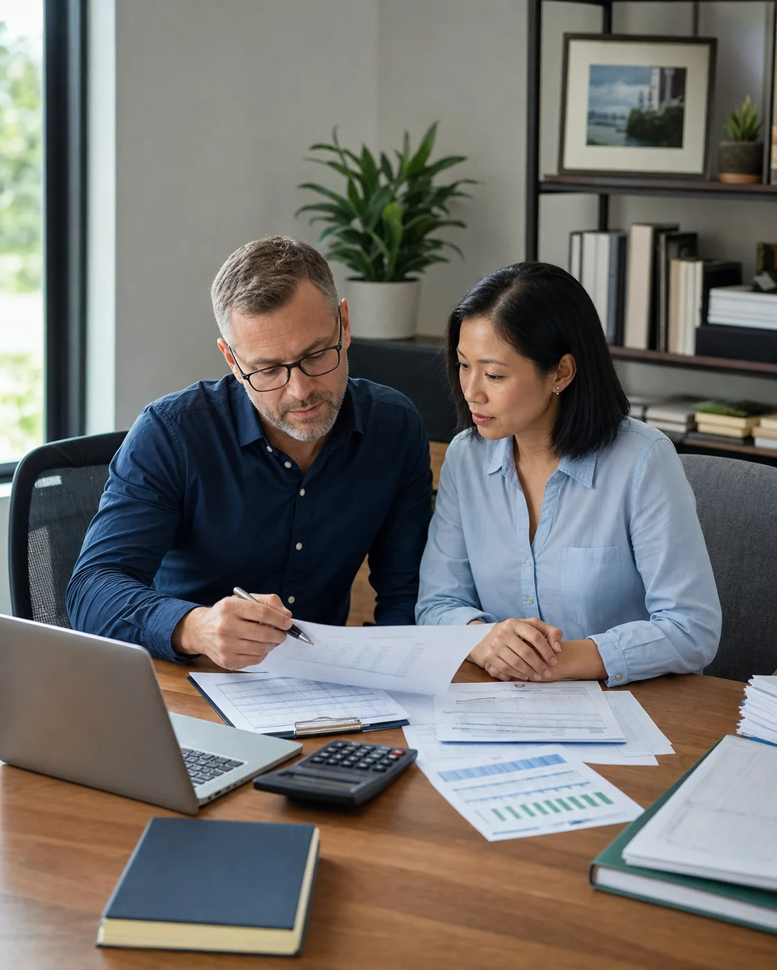 Advisor and business owner reviewing cash-flow paperwork