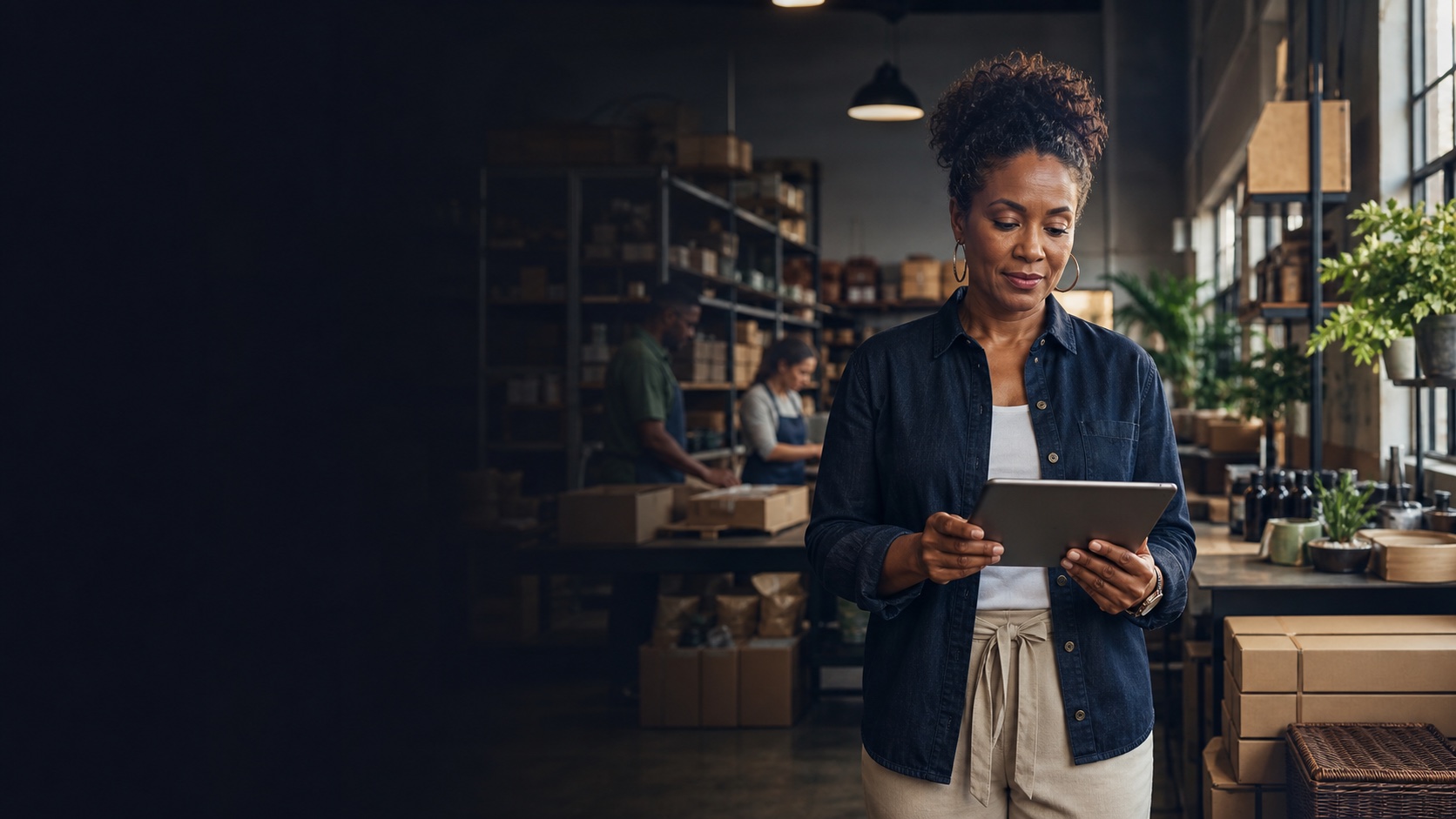 Black woman business owner reviewing operations on a tablet