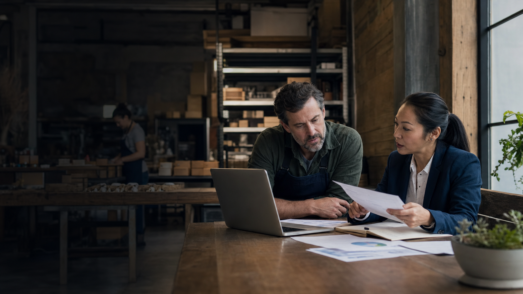 Small-business owner and advisor reviewing a financial plan inside the business