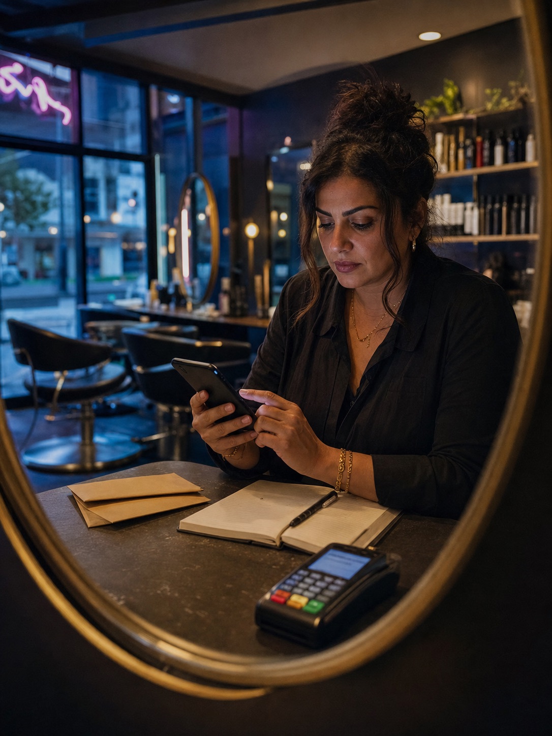 Salon owner reviewing card deposits and funding envelopes after hours