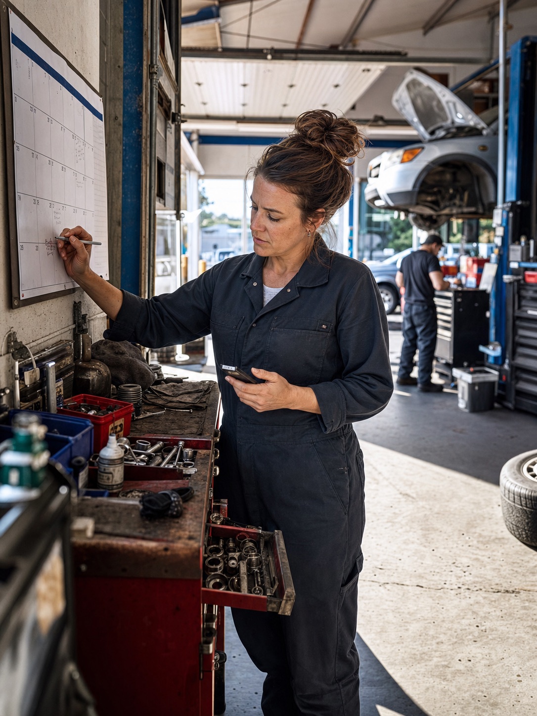 Auto repair shop owner planning expenses on a calendar in her garage
