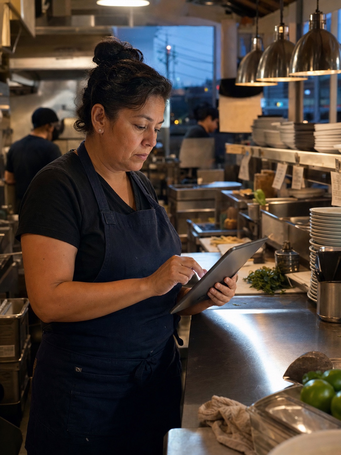 Restaurant owner reviewing payroll on a tablet in her working kitchen