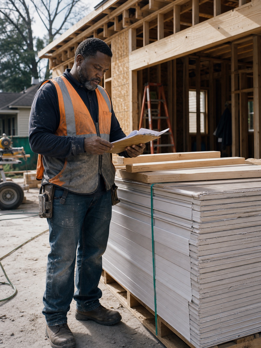 Independent contractor reviewing a supplier invoice beside delivered building materials