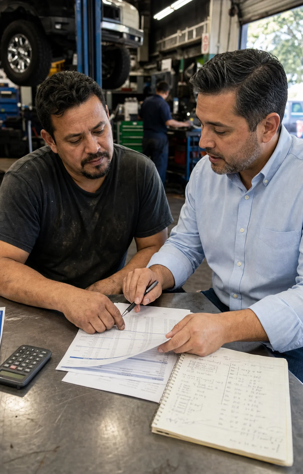 Business owner and advisor reviewing an MCA payment schedule