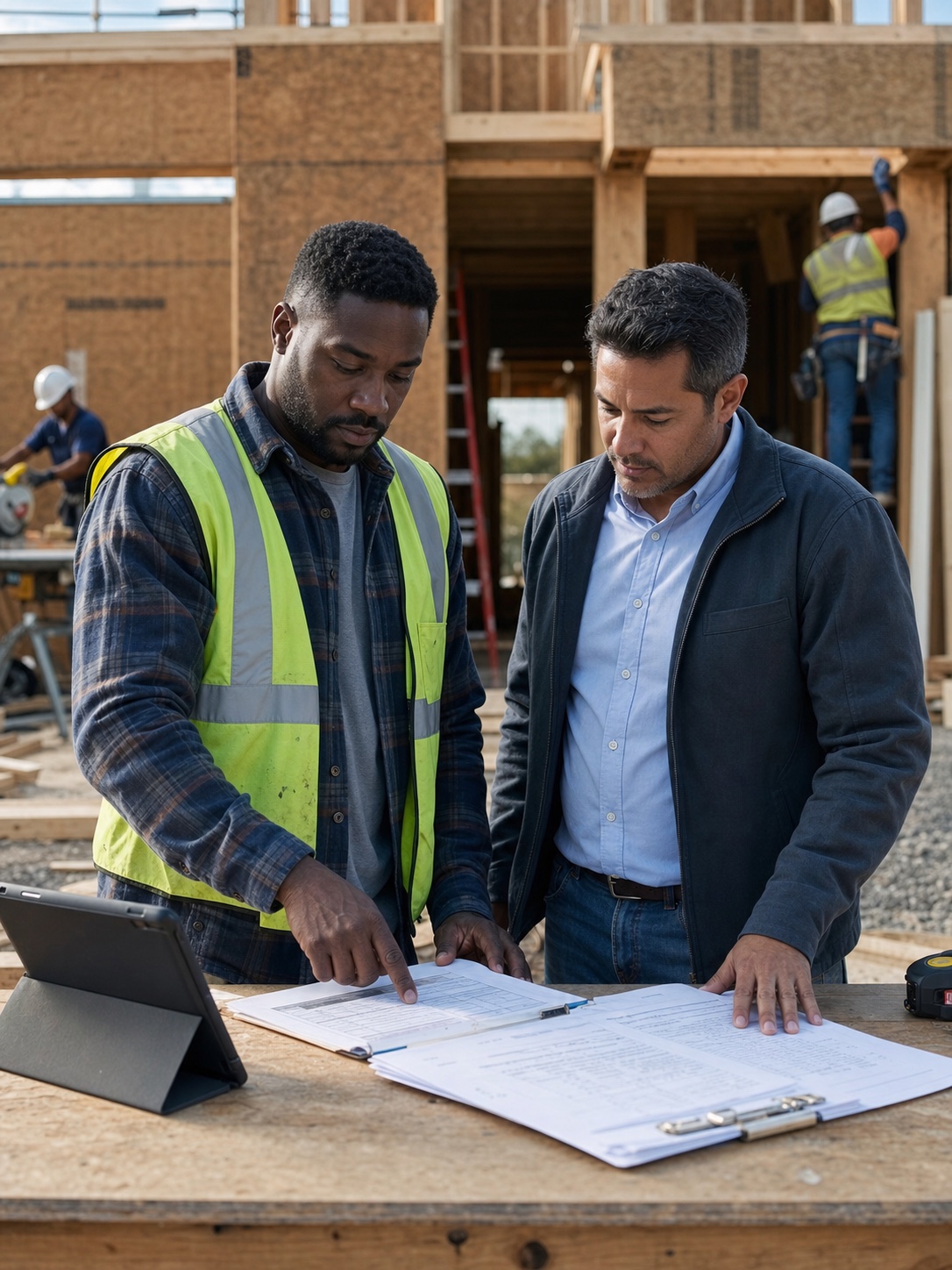 Construction business owner and advisor reviewing project costs at an active job site