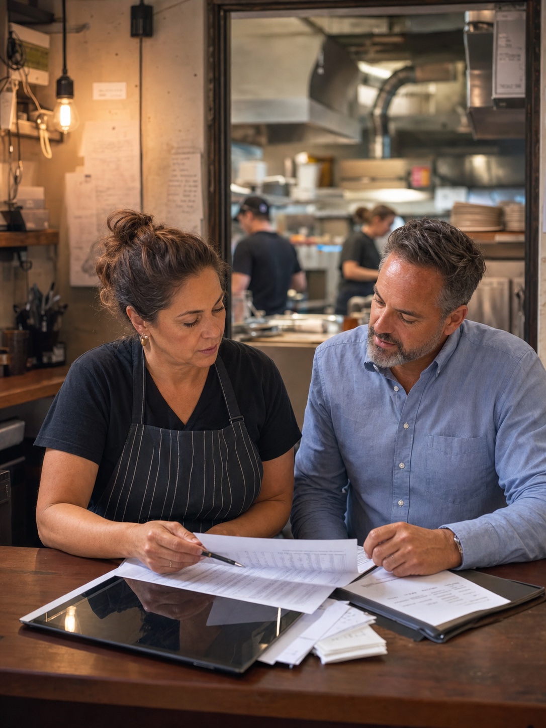 Restaurant owner and advisor reviewing business cash flow during an active workday