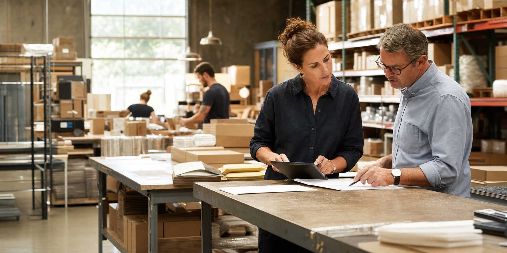 Business owner and advisor reviewing a healthier financing plan inside an active fulfillment operation