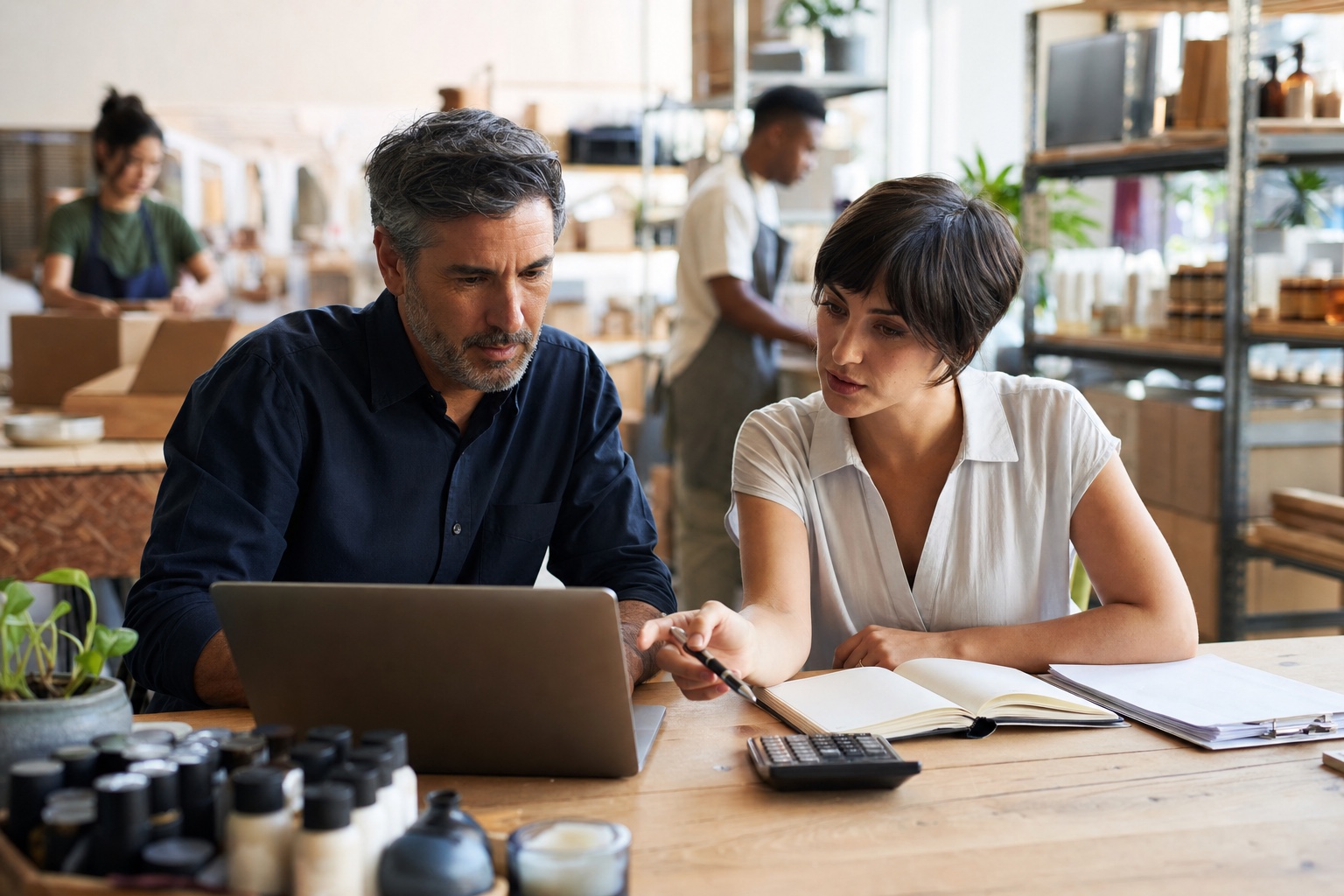 Product business owner and advisor reviewing cash flow and operating needs