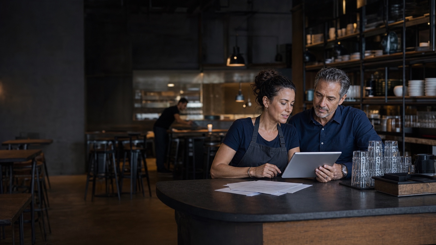 Restaurant owner and advisor reviewing business finances at the service counter