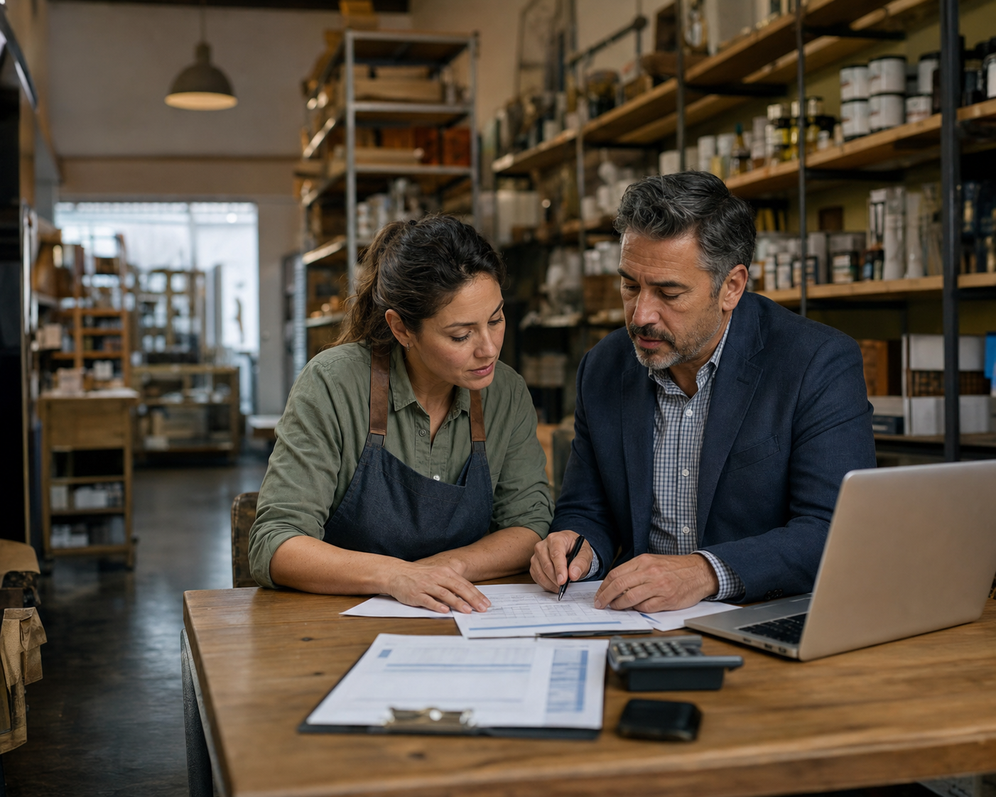 Small-business owner and financial advisor reviewing payment obligations and cash flow inside the business