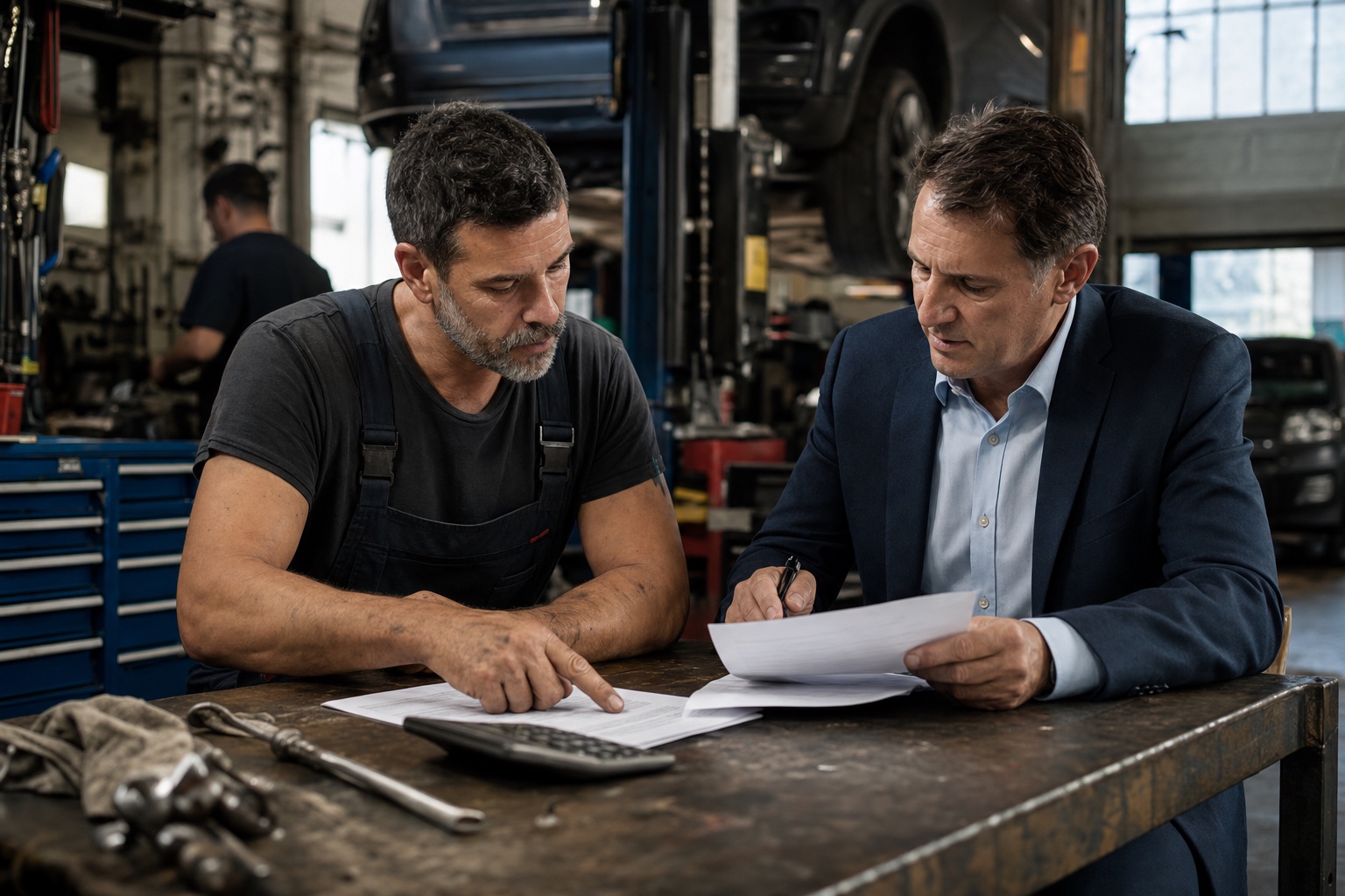 Auto repair shop owner and advisor reviewing an MCA payment schedule inside the business