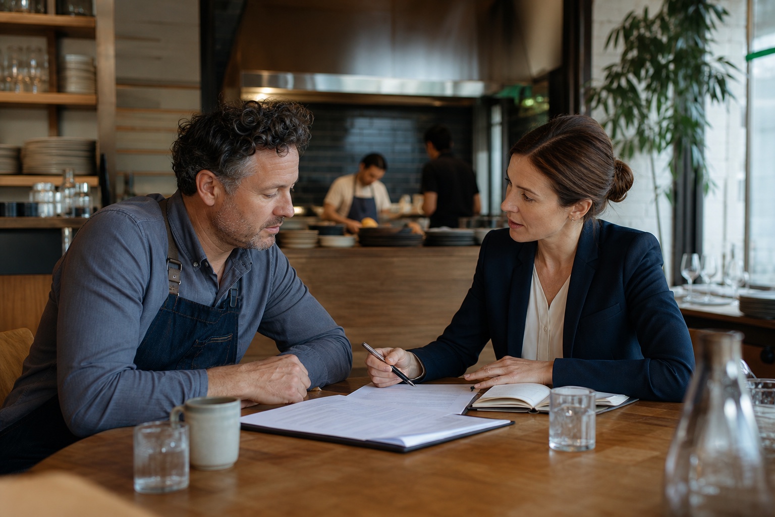 Restaurant owner and advisor discussing revised payment terms inside the active restaurant