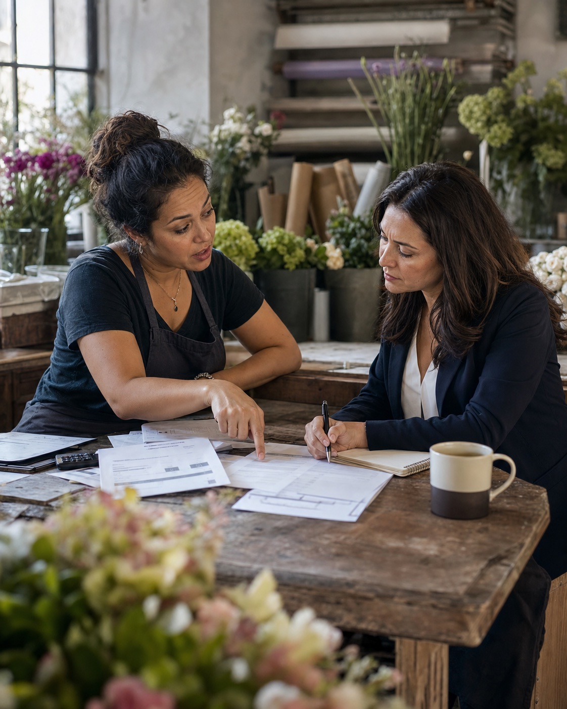 Floral studio owner explaining current financing pressure during a private business review