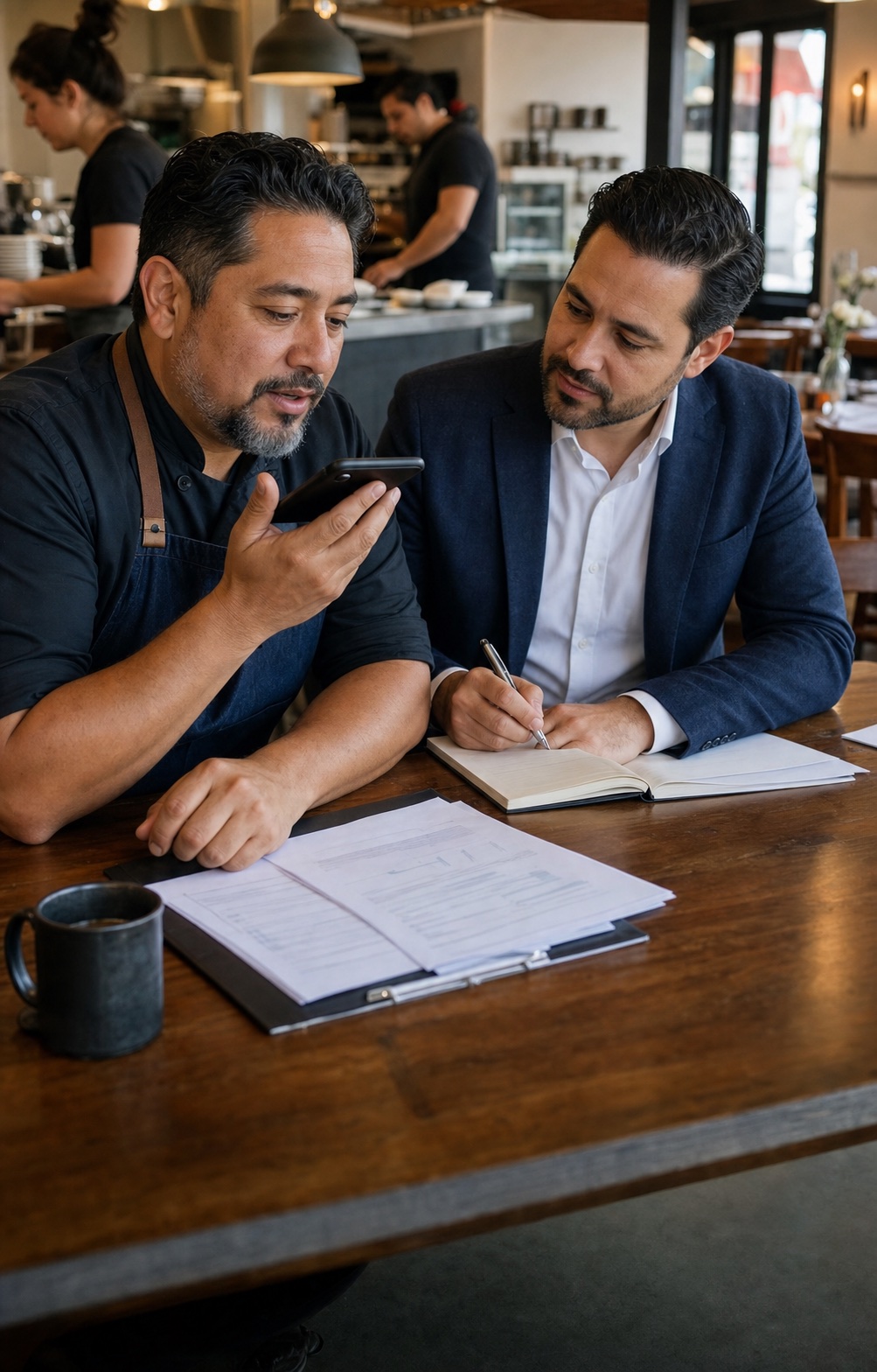 Restaurant owner and advisor communicating as the restructuring process begins