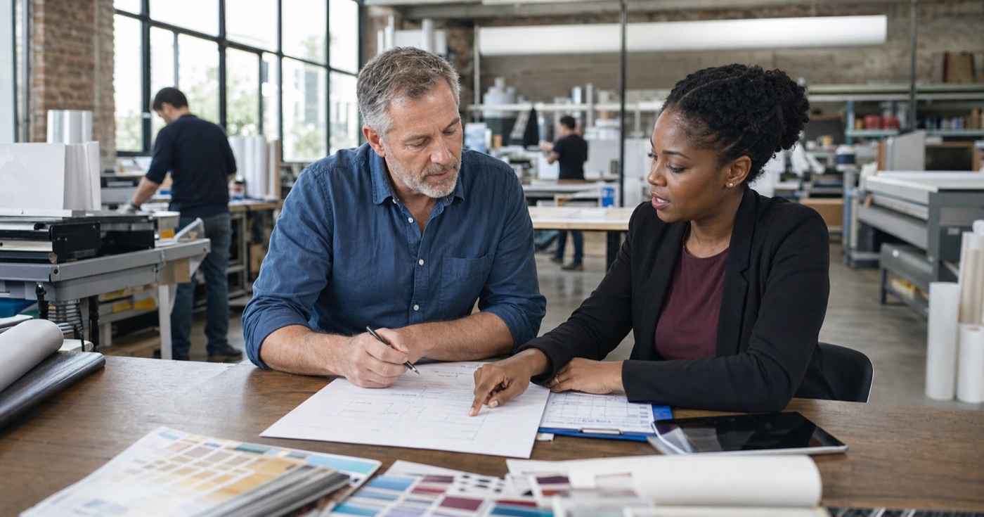 Print shop owner and advisor planning a sustainable financing path
